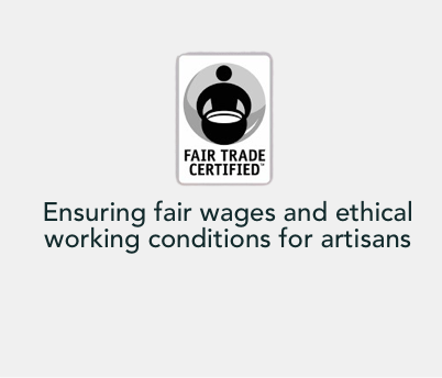 Fair trade certification badge ensuring ethical sourcing and artisan fair wages